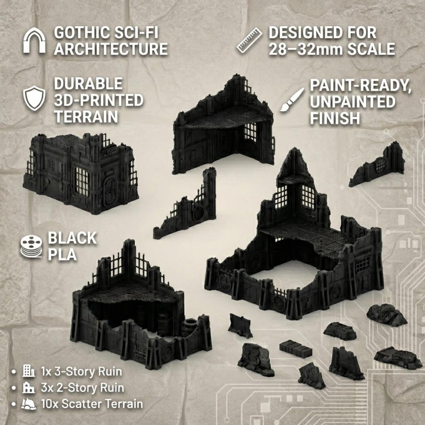 Grimdark Industrial Ruins Set: Forge of Pavonis 3 Sci-Fi Wargaming Terrain 28mm