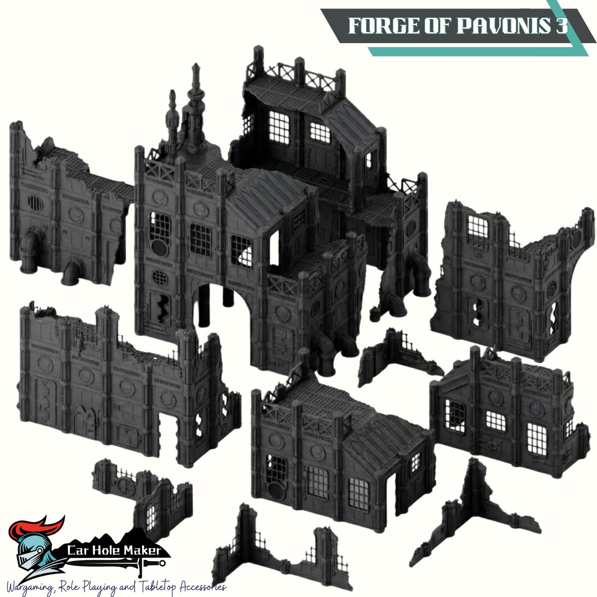 Grimdark Industrial Ruins Set: Forge of Pavonis 3 Sci-Fi Wargaming Terrain 28mm