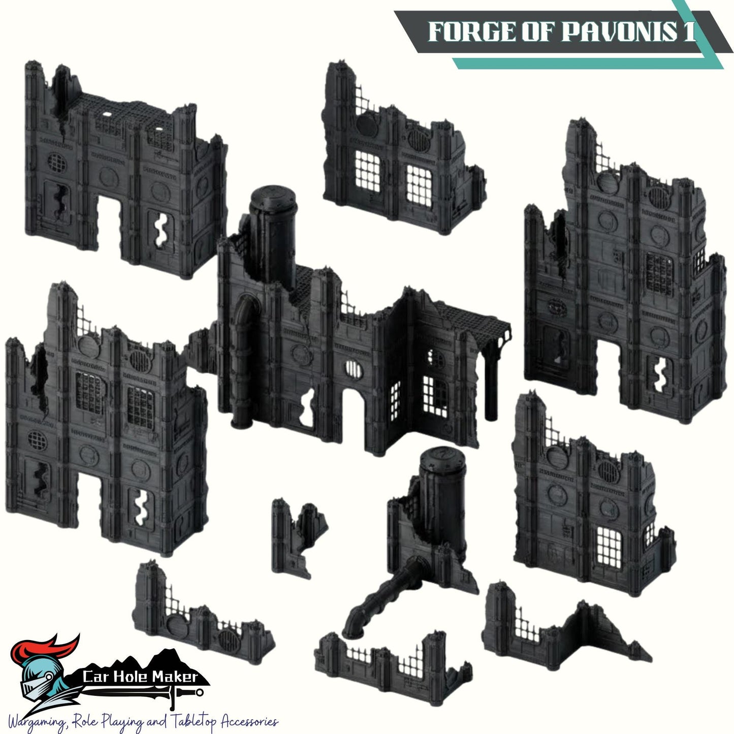 Grimdark Industrial Ruins Set: Forge of Pavonis 3 Sci-Fi Wargaming Terrain 28mm