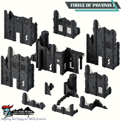 Grimdark Industrial Ruins Set: Forge of Pavonis 3 Sci-Fi Wargaming Terrain 28mm
