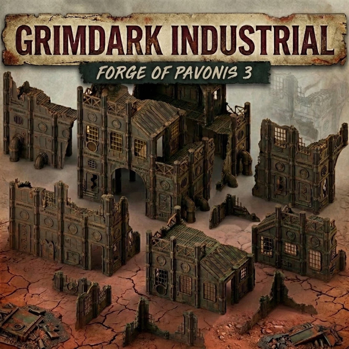 Grimdark Industrial Ruins Set: Forge of Pavonis 3 Sci-Fi Wargaming Terrain 28mm