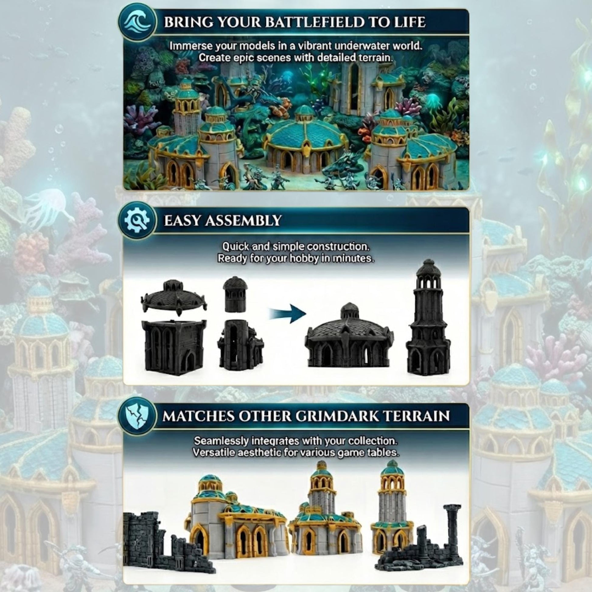 Atlantis Terrain Set, Underwater Ruins Buildings & Towers, 28mm Fantasy City Scenery for Coastal Campaigns and Sea Kingdom Tables