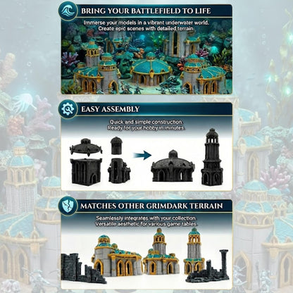 Atlantis Terrain Set, Underwater Ruins Buildings & Towers, 28mm Fantasy City Scenery for Coastal Campaigns and Sea Kingdom Tables