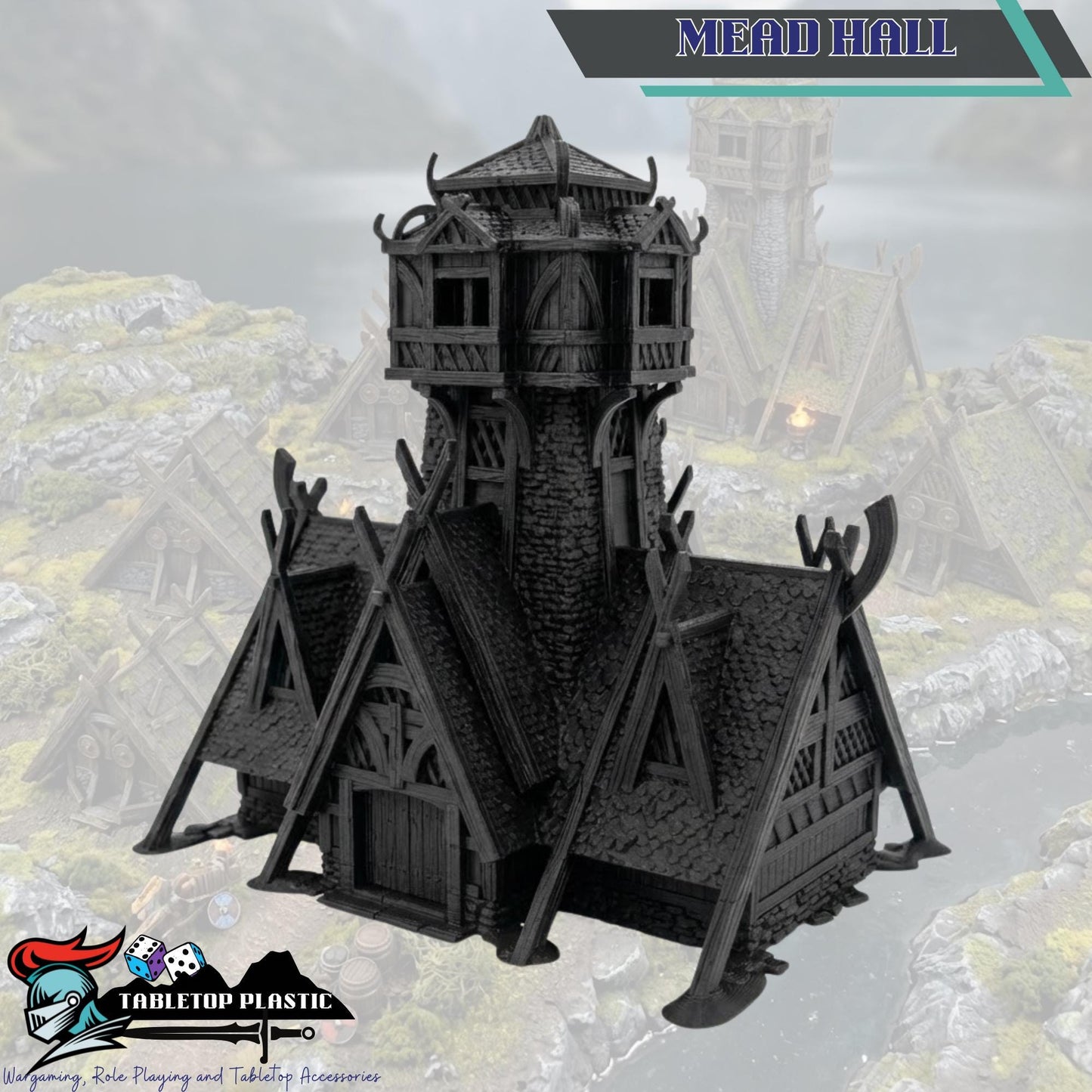 Norse Viking Village Terrain, Stave Church + Mead Hall + 5 Houses, 28–32mm Fantasy Settlement Scenery (Odingard)