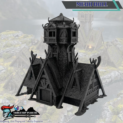 Norse Viking Village Terrain, Stave Church + Mead Hall + 5 Houses, 28–32mm Fantasy Settlement Scenery (Odingard)