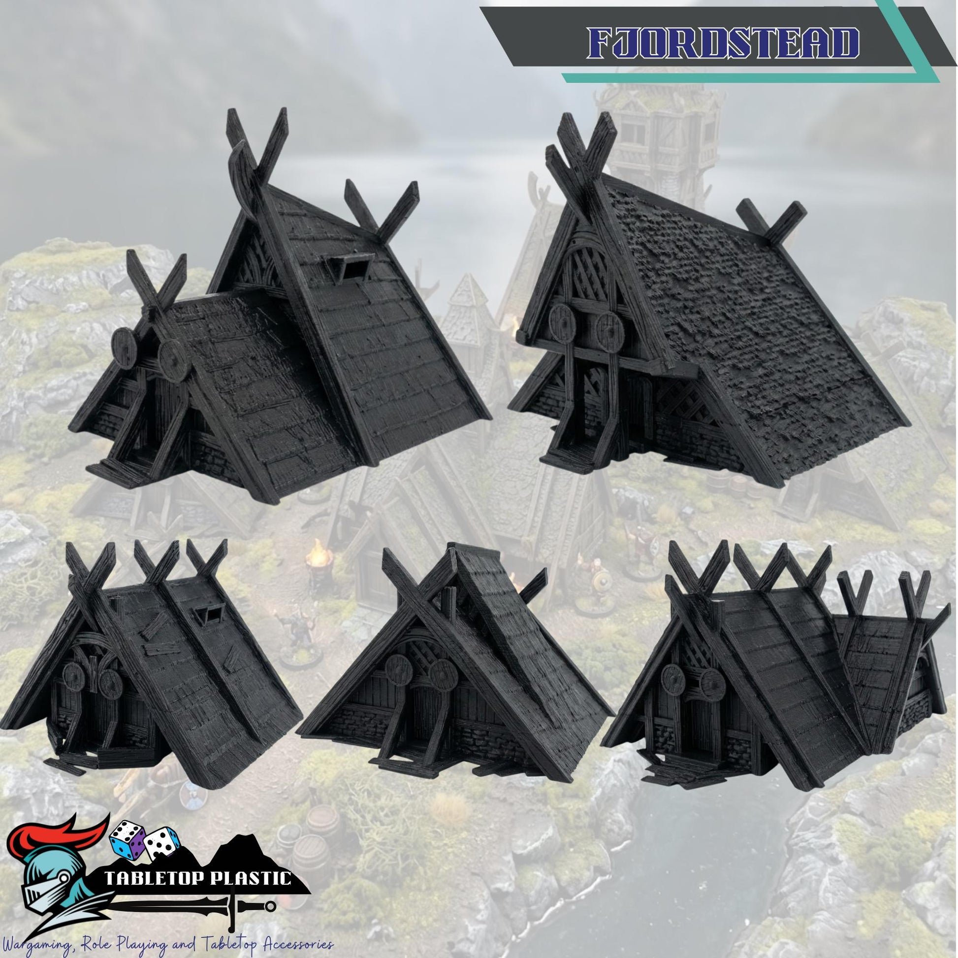 Norse Viking Village Terrain, Stave Church + Mead Hall + 5 Houses, 28–32mm Fantasy Settlement Scenery (Odingard)