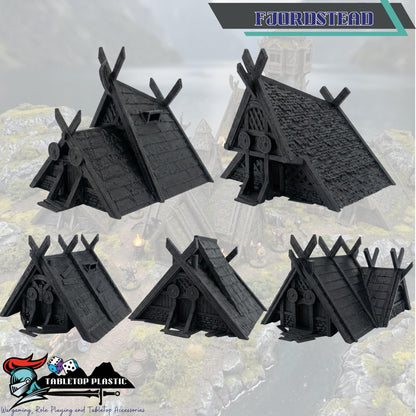 Norse Viking Village Terrain, Stave Church + Mead Hall + 5 Houses, 28–32mm Fantasy Settlement Scenery (Odingard)