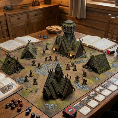 Norse Viking Village Terrain, Stave Church + Mead Hall + 5 Houses, 28–32mm Fantasy Settlement Scenery (Odingard)