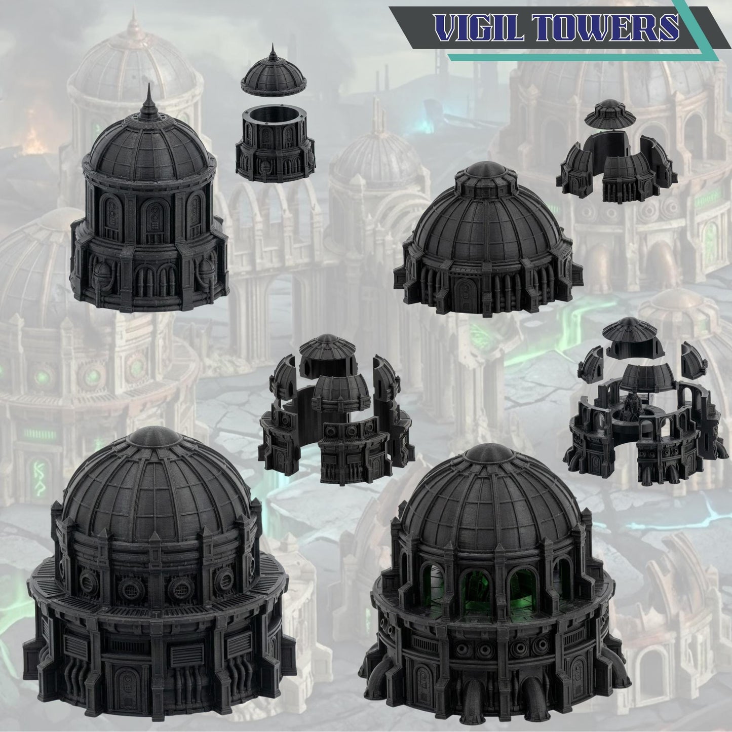 Sci-Fi Terrain Domes & Towers, 28-32mm Wargaming Ruins
