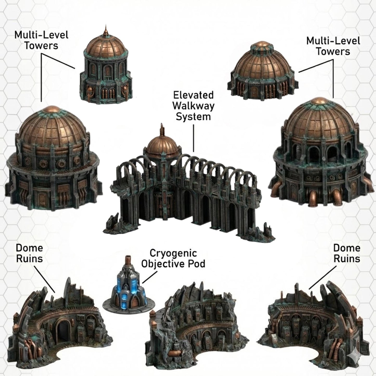 Sci-Fi Terrain Domes & Towers, 28-32mm Wargaming Ruins
