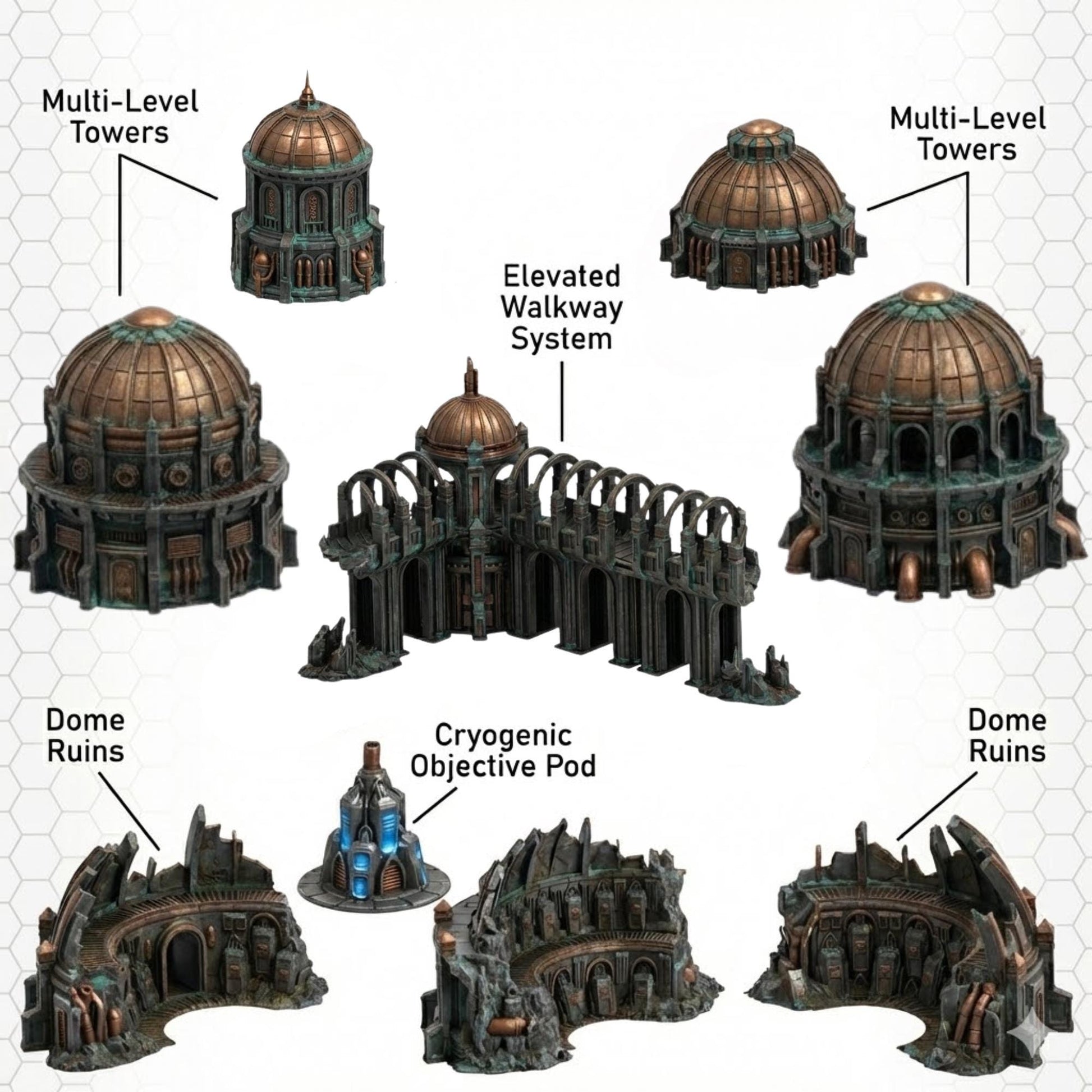 Sci-Fi Terrain Domes & Towers, 28-32mm Wargaming Ruins