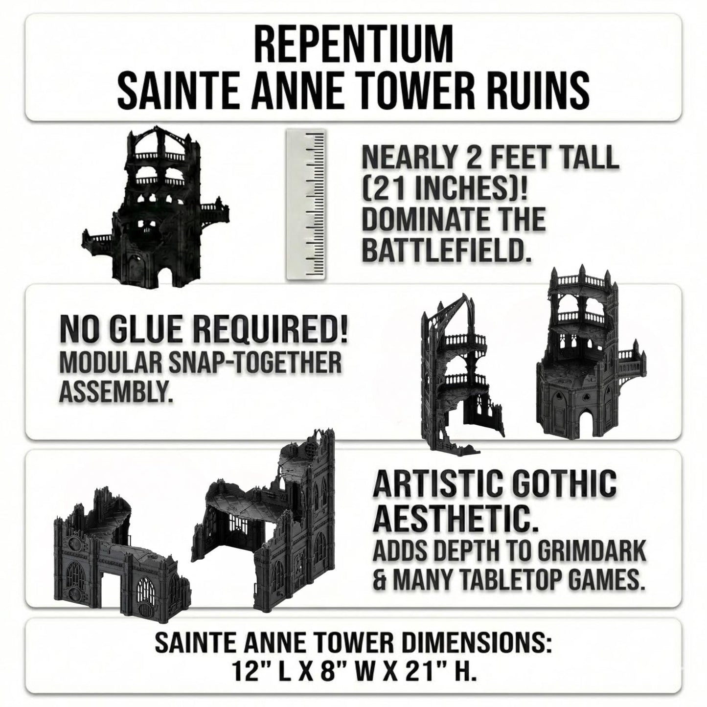 Gothic Sci-Fi Terrain Towers & Ruins, Sector-Style Urban Battlefield Scenery, 28–32mm Tabletop Wargaming