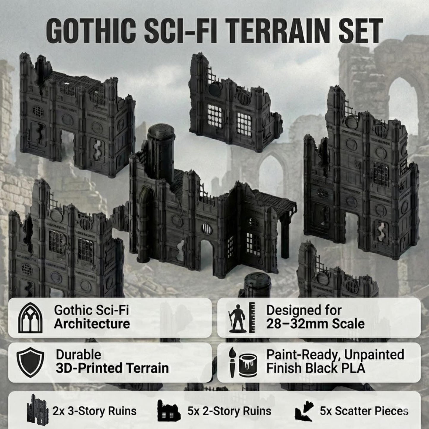 Grimdark Industrial Ruins Set: Forge of Pavonis 3 Sci-Fi Wargaming Terrain 28mm