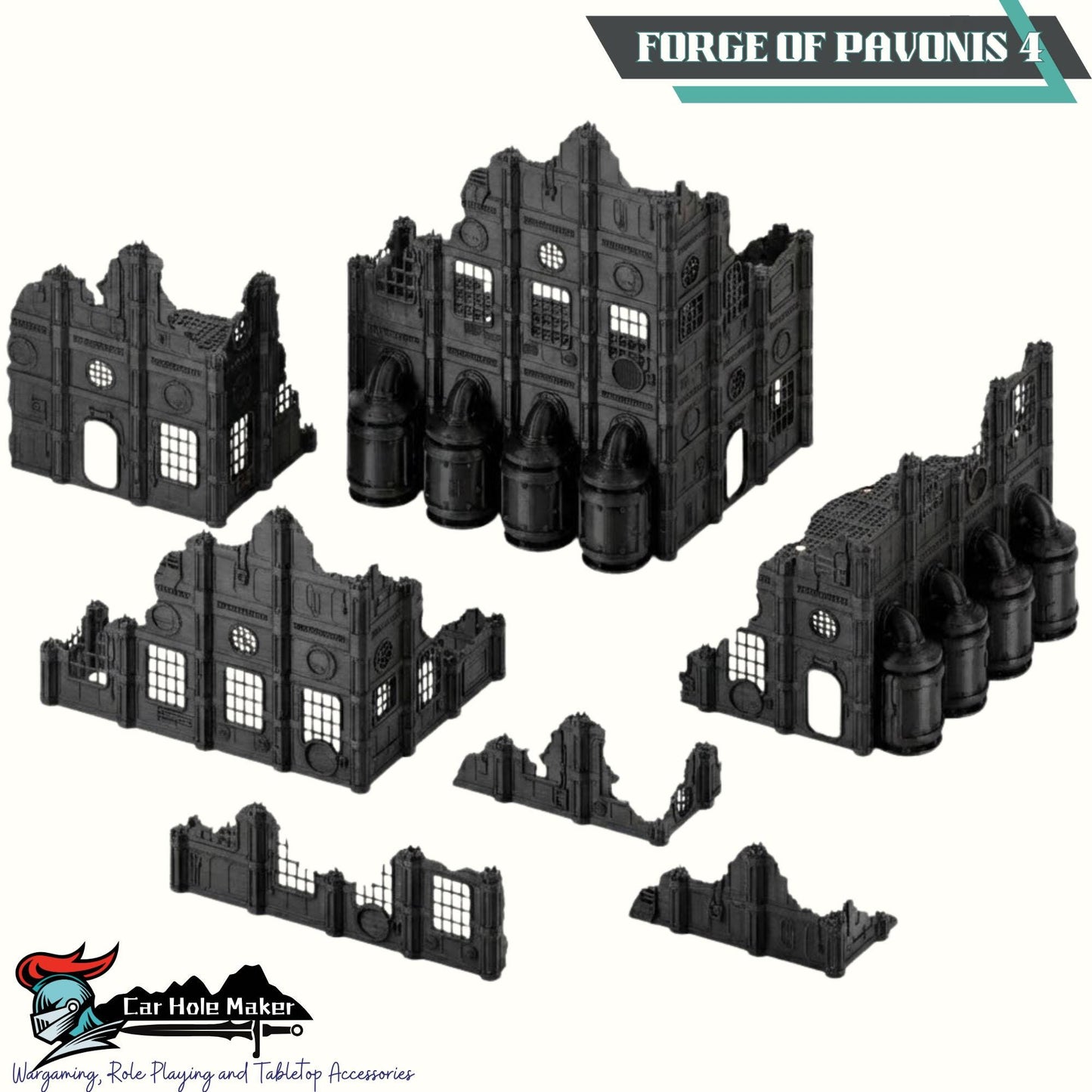 Grimdark Industrial Ruins Set: Forge of Pavonis 3 Sci-Fi Wargaming Terrain 28mm