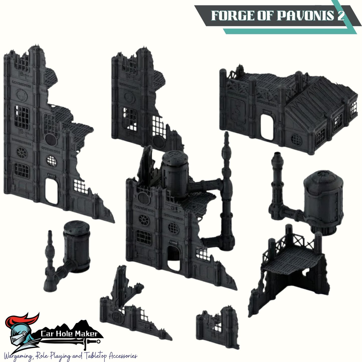 Grimdark Industrial Ruins Set: Forge of Pavonis 3 Sci-Fi Wargaming Terrain 28mm