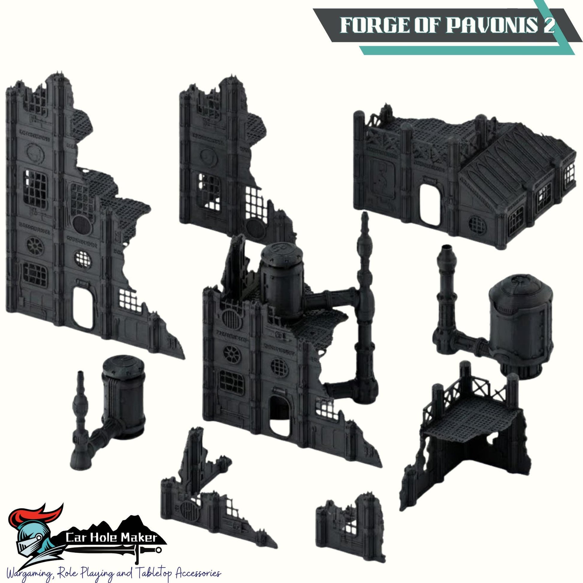 Grimdark Industrial Ruins Set: Forge of Pavonis 3 Sci-Fi Wargaming Terrain 28mm