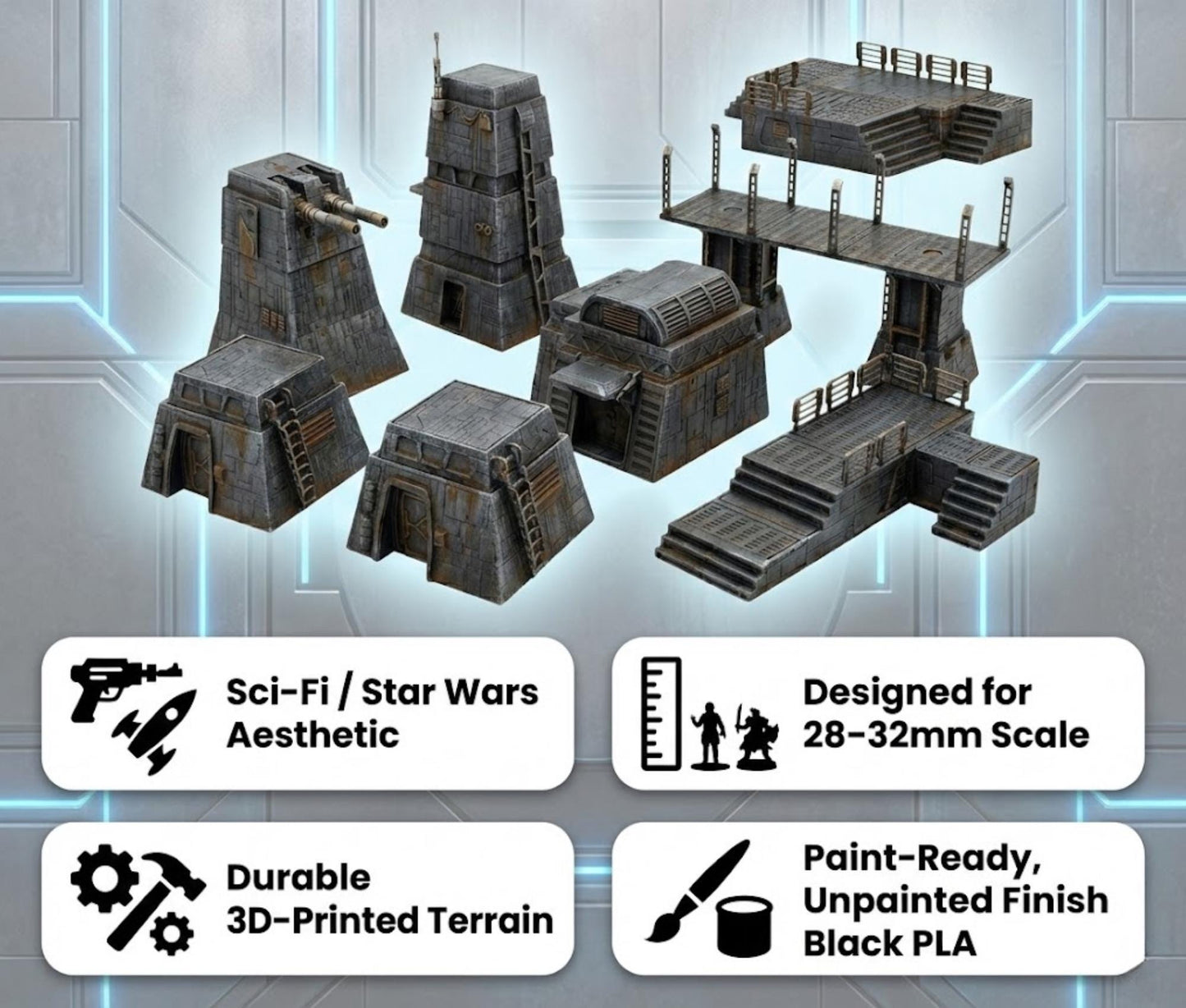 Sci-Fi Outpost Terrain Set – Modular Tabletop Scenery (40mm Scale)