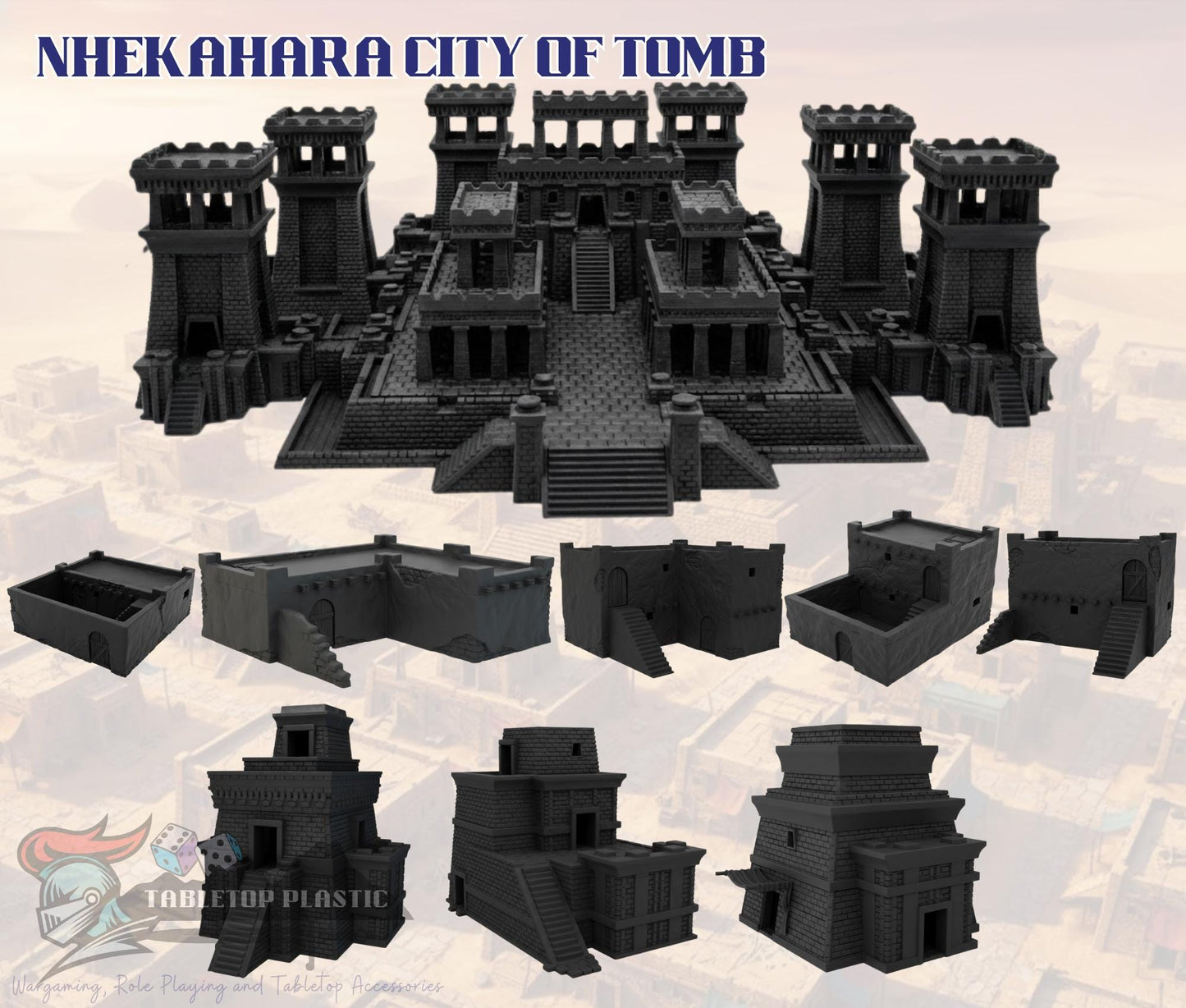 Nhekahara Tomb-Kingdom Temple-City, Main Temple Complex + Desert Shrines + Mudbrick Houses, 28mm Necropolis Scenery Set
