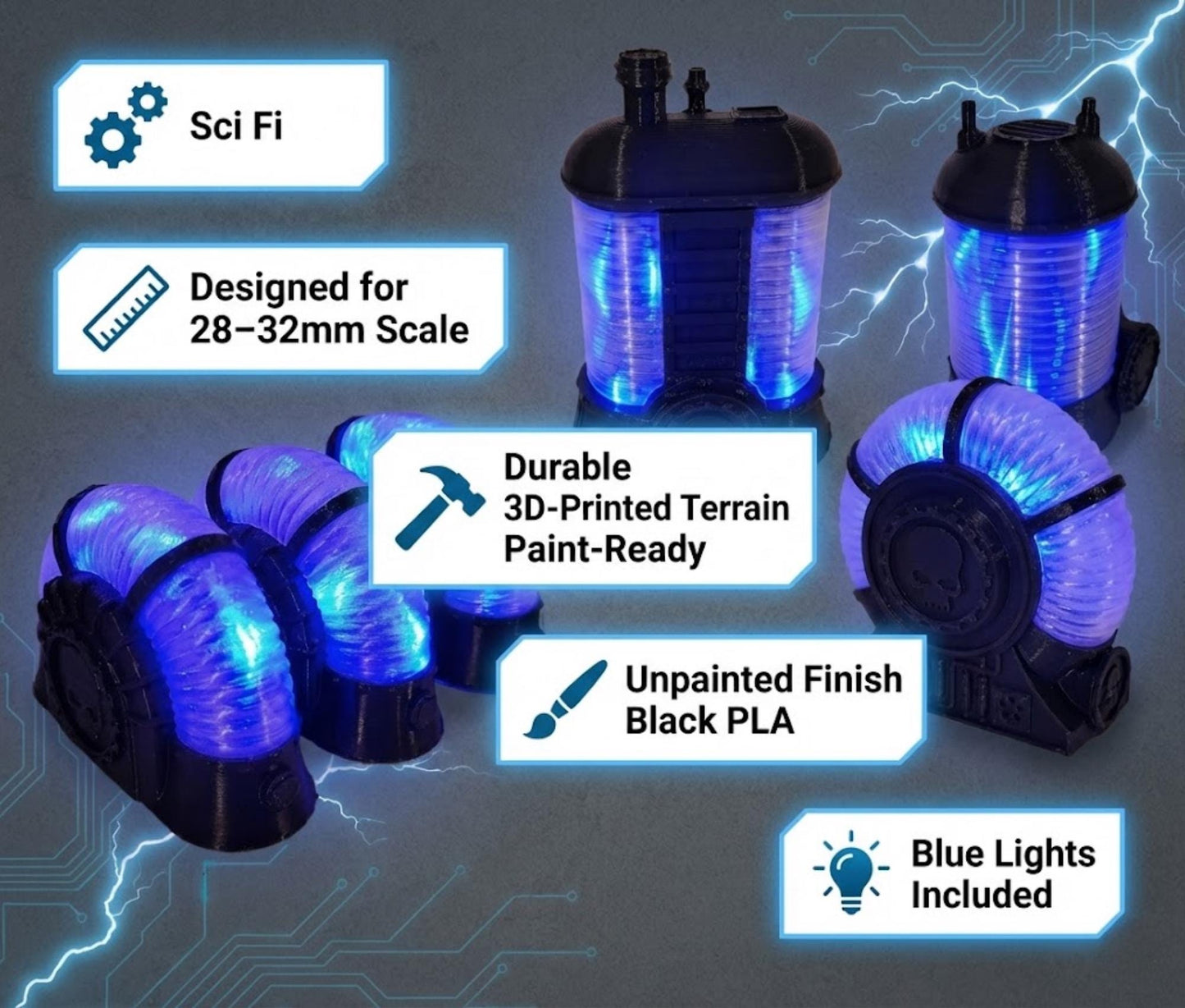 Illuminated Sci-Fi Power Generators – LED Terrain for 28–32mm Tabletop Wargames & RPGs