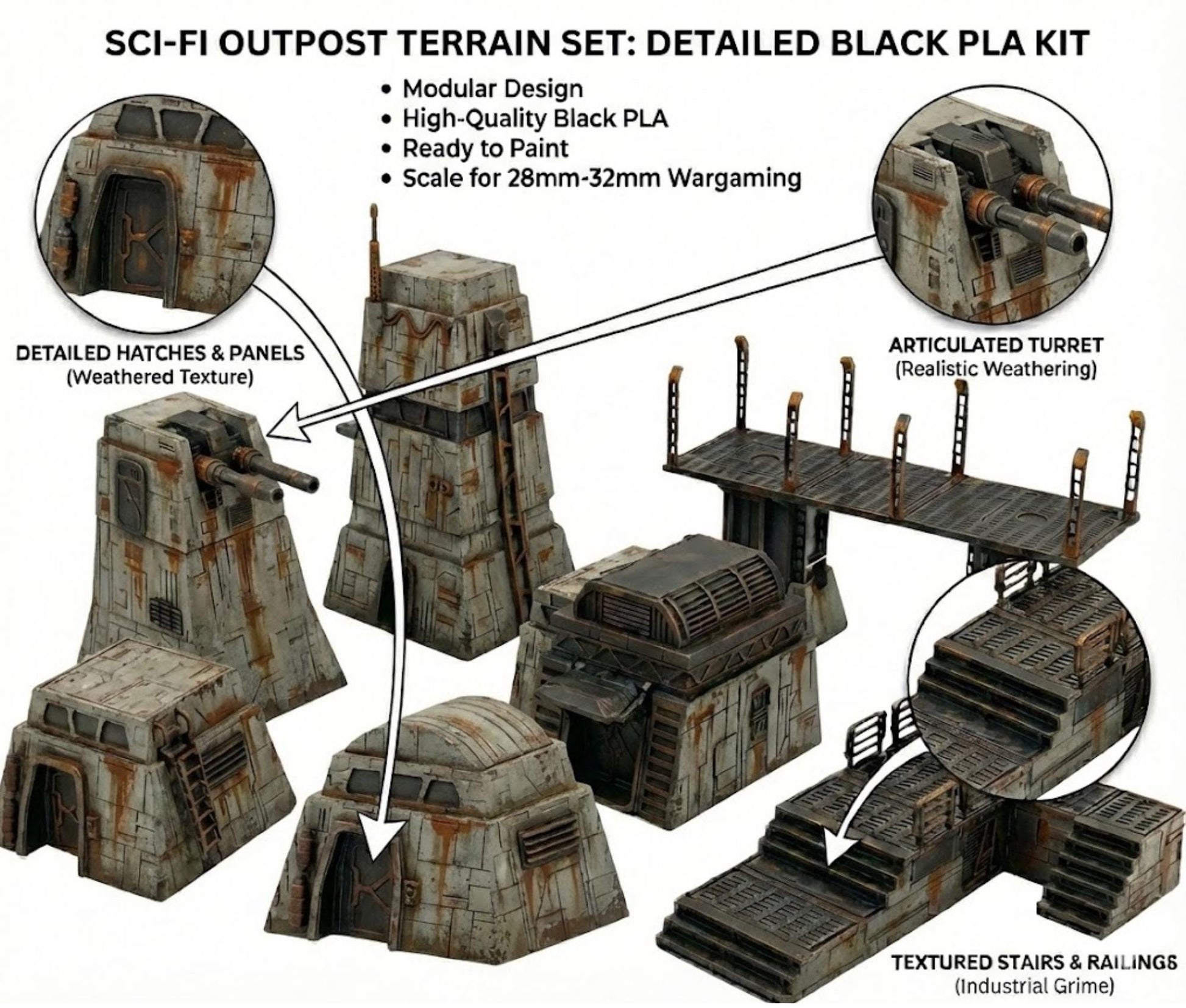 Sci-Fi Outpost Terrain Set – Modular Tabletop Scenery (40mm Scale)