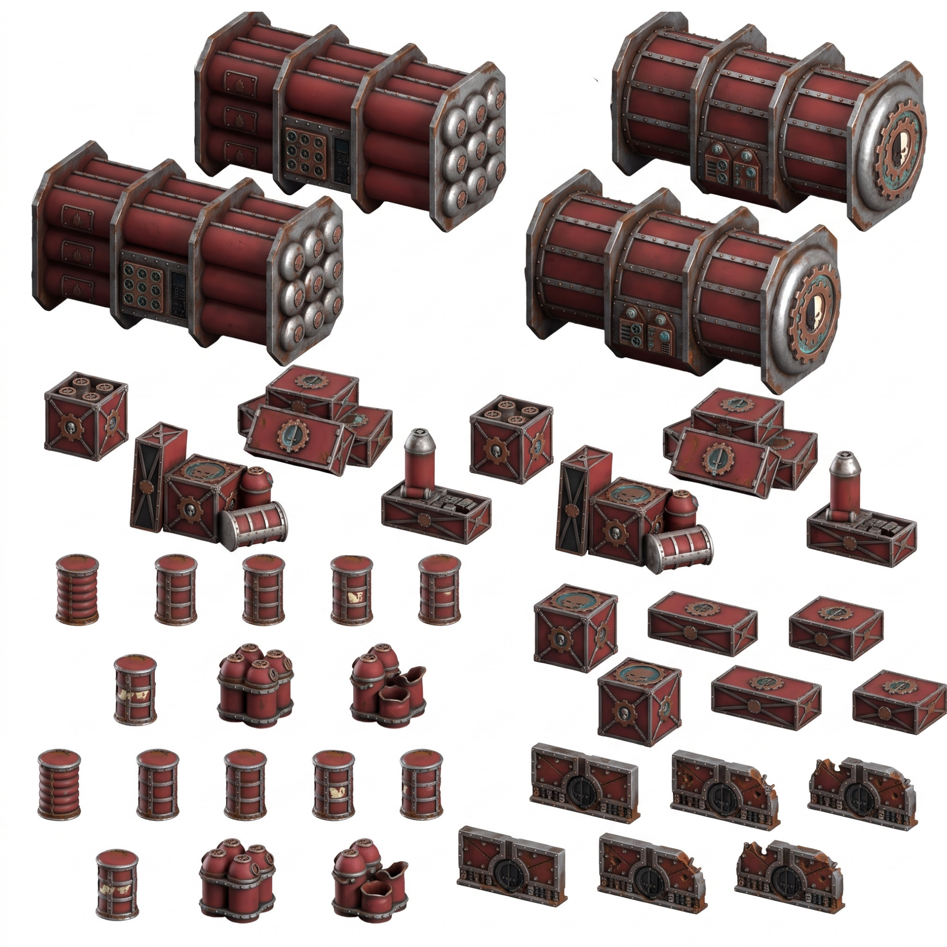 Mars Factory Crates and Containers terrain set painted in oxide red with steel trim on a white background
