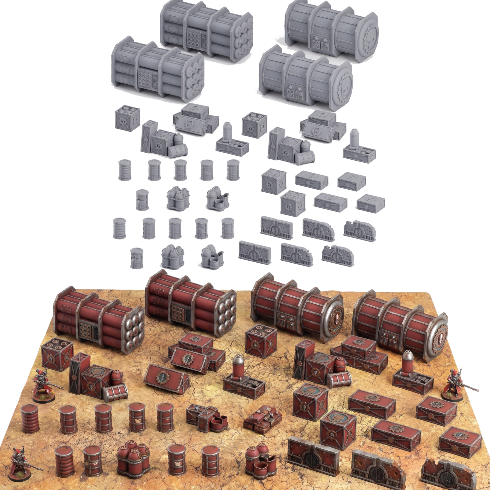 Gray unpainted set above and the painted set laid out on a gaming mat with miniatures for scale