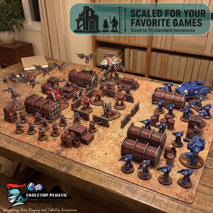 The terrain set in play on a home hobby room gaming table