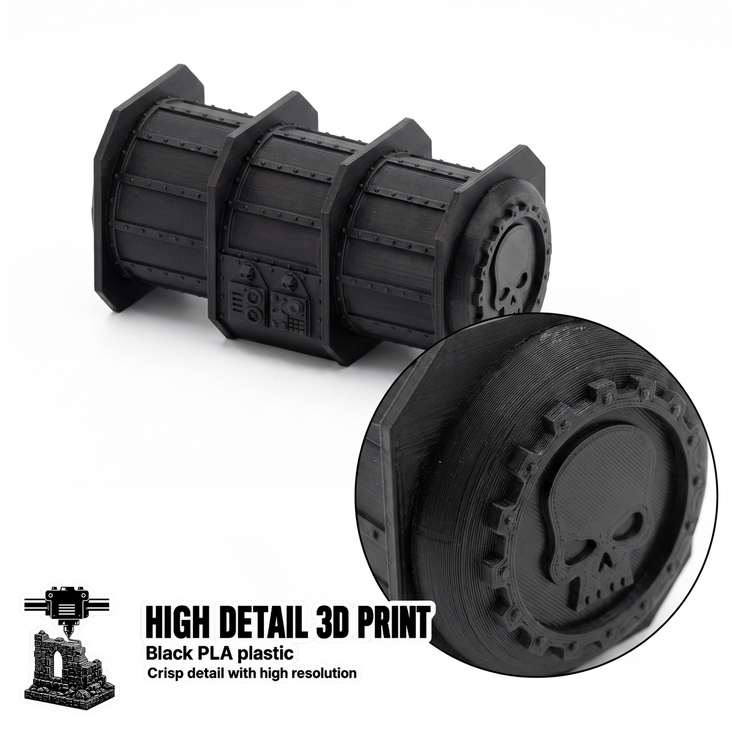High detail black PLA cargo container with a macro close-up showing printed layer lines