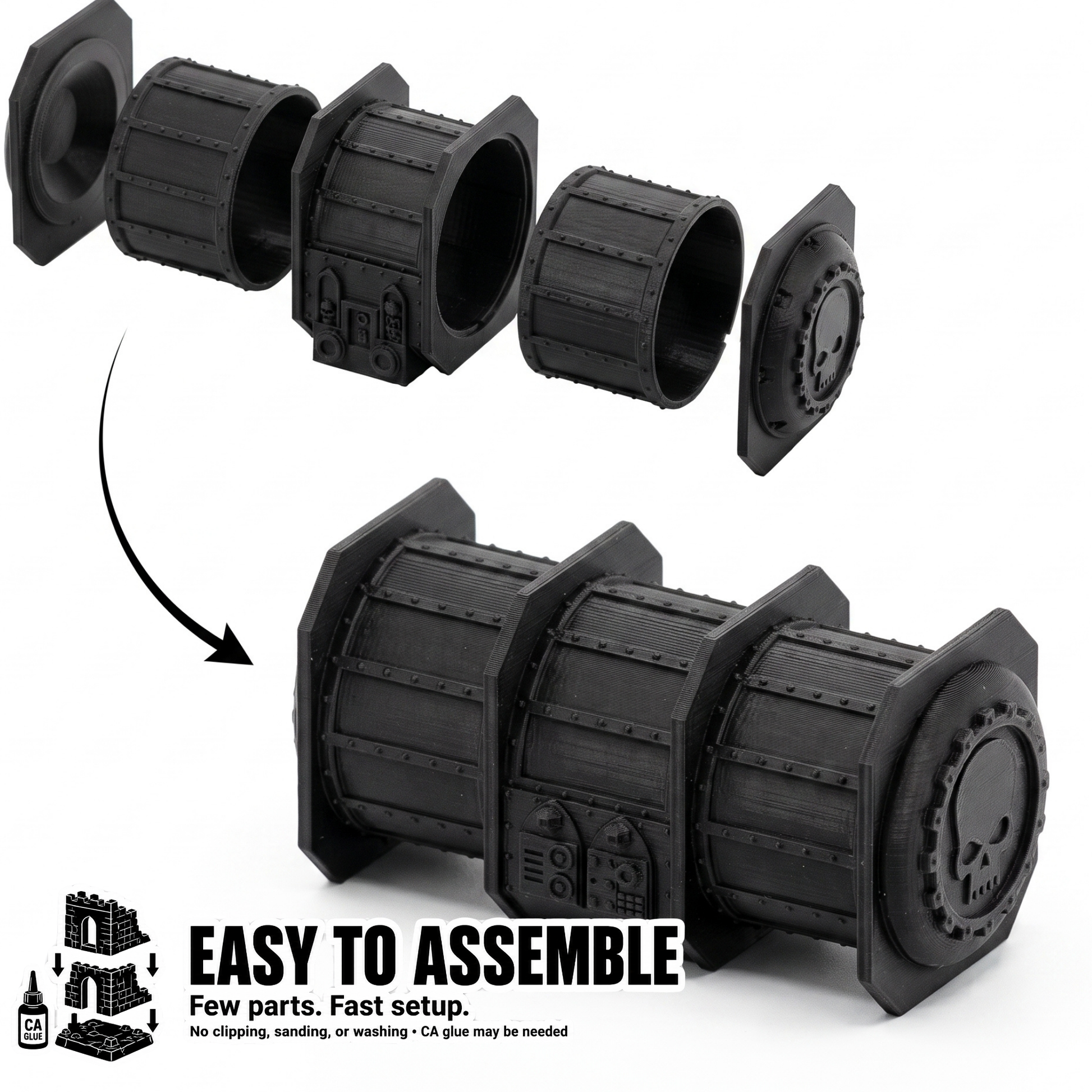 Assembly diagram showing the exploded cargo container parts and the assembled container