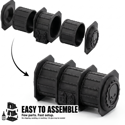 Assembly diagram showing the exploded cargo container parts and the assembled container
