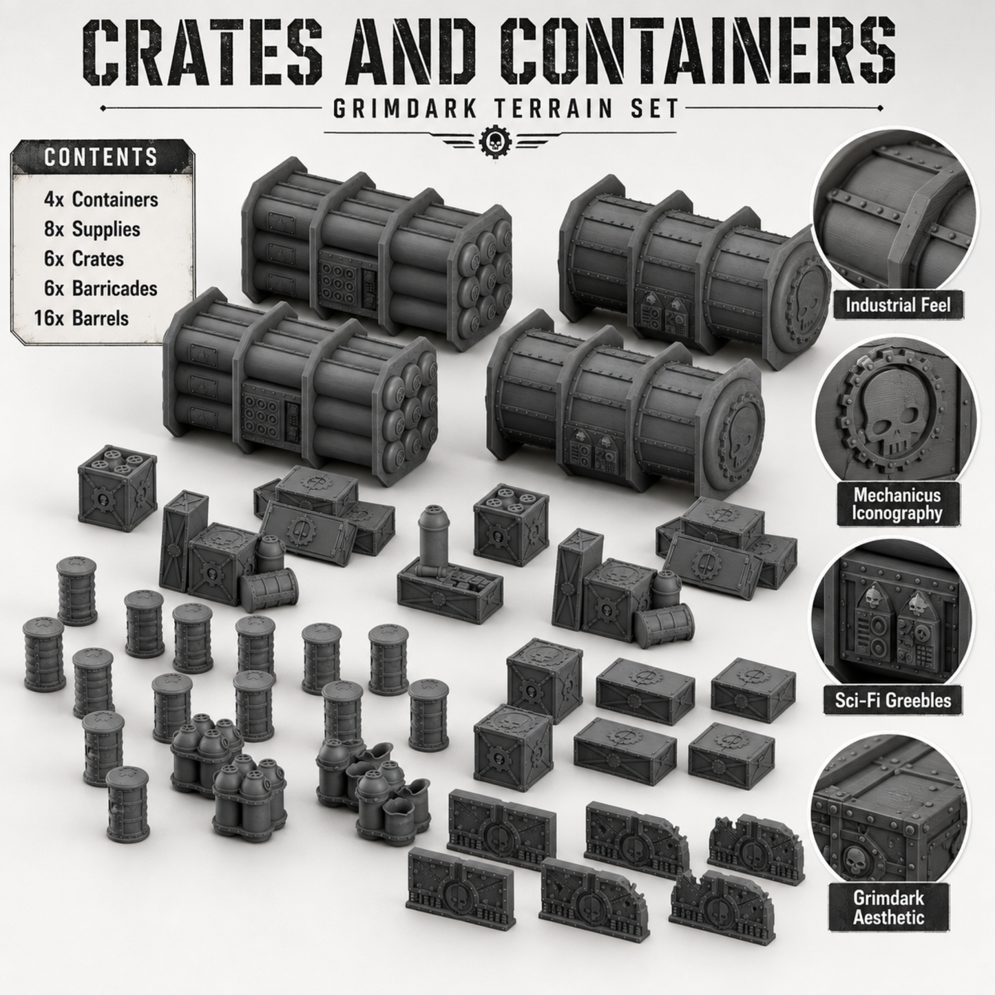 Contents breakdown: 4 containers, 8 supplies, 6 crates, 6 barricades, 16 barrels