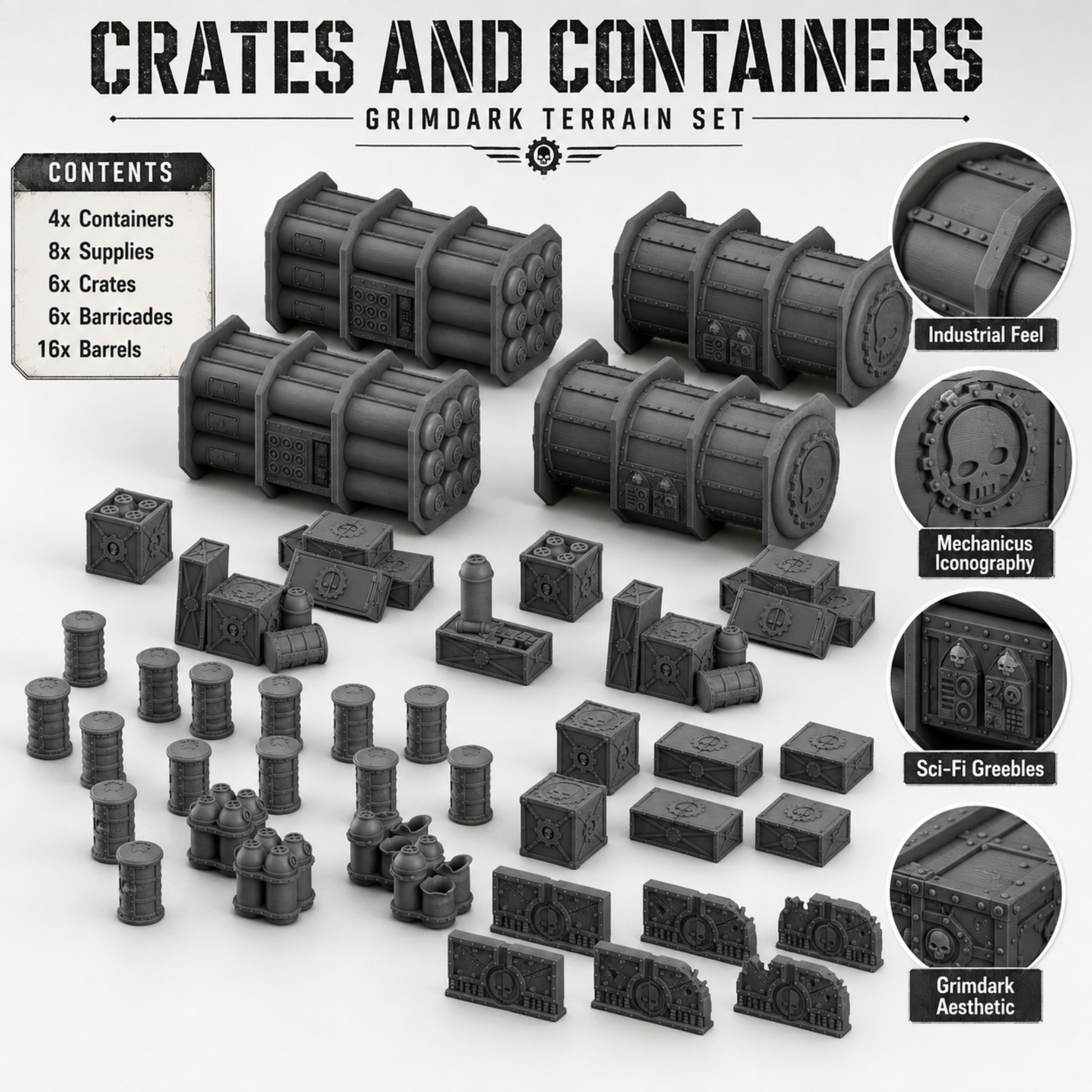 Contents breakdown: 4 containers, 8 supplies, 6 crates, 6 barricades, 16 barrels