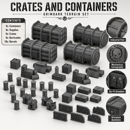 Contents breakdown: 4 containers, 8 supplies, 6 crates, 6 barricades, 16 barrels